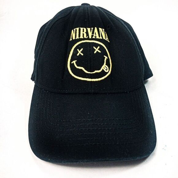 Nirvana Embroidered Smiley Black Cotton Adjustable Baseball Cap Unisex - Picture 2 of 8